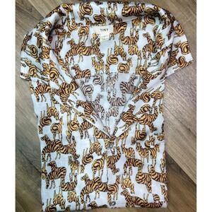 Anthropologie‎ TINY Zebra Print Postcard Buttondown Blouse Top L Women